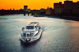 Boat river city bridge sunset - modular free wallpaper