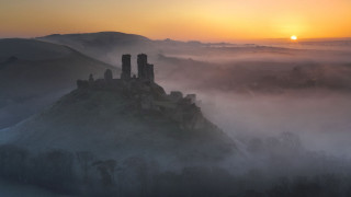 Castle foggy valley sunset mountains - sunset free wallpaper