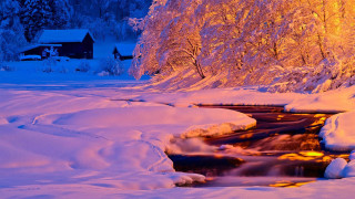 Stream snow forest house night - a bright light free wallpaper