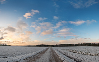 Snowy field road clouds trees 2 - ultra wide angle free wallpaper