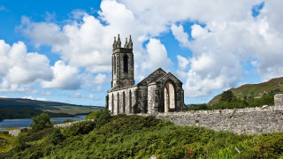 Stone church hill lake mountains - a steeple free wallpaper