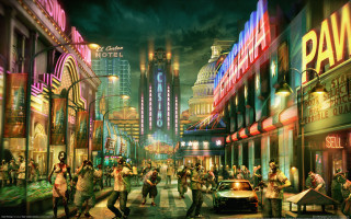 City street night architecture people - a painting of a city street free wallpaper