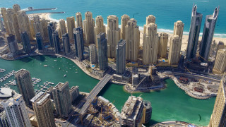 City ocean bridge skyscrapers fantasy - aerial free wallpaper