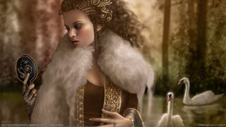 Woman fur coat mirror swan - a forest in the background free wallpaper