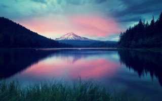 Mountain lake pink sky forest 2 - bob ross free wallpaper