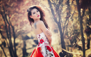Woman dress forest autumn sunset - fang congyi free wallpaper