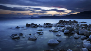 Rocky beach mountains cloudy sky - ansel adams free wallpaper
