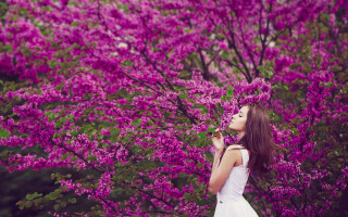 Woman white dress purple flowers 2 - magic realism free wallpaper for desktop