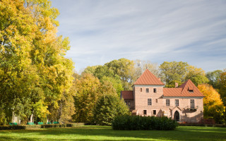 Large house tower lawn autumn - yellow leaf free wallpaper