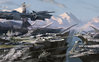 Futuristic city mountain spaceship architecture - a futuristic city free wallpaper