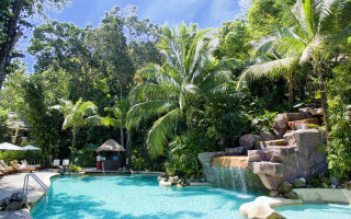 Waterfall pool forest rocks blue - a pool free wallpaper for desktop