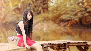 Woman bench lake basket flowers - a basket of flowers free wallpaper