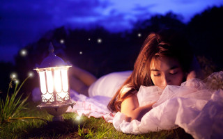 Woman laying lantern night dreamlike - the ground next free wallpaper