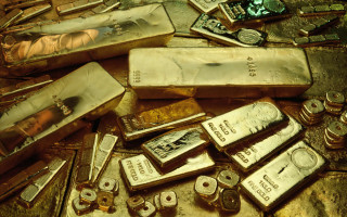 Gold bars metal tabletop blue - a pile free wallpaper
