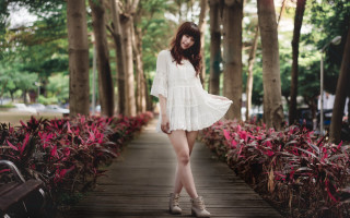 Woman white dress park wooden - fei danxu free wallpaper
