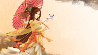 Yellow dress woman pink umbrella - a yellow dress holding free wallpaper