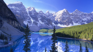 Mountain lake forest snowy sky 2 - covered mountain free wallpaper