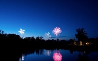 Fireworks lake night forest moon - firework free wallpaper