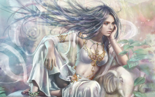 Woman longhair rock whitedress goldjewelry - the wind free wallpaper
