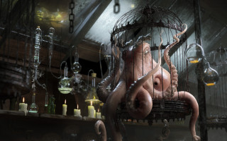 Octopus cage bottles candle surreal - lovecraftian free wallpaper