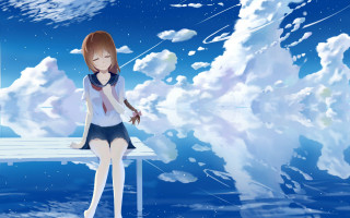 Girl clouds bench sky mountains - the cloud free wallpaper