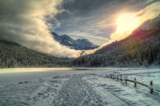 Snowy landscape mountain lake fence 2 - a path free wallpaper