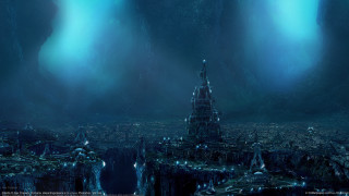 Futuristic city blue ocean waterfall - cedric peyravernay free wallpaper