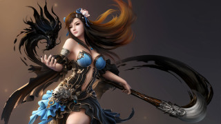 Fantasy woman axe sword dragon 2 - a costume holding free wallpaper