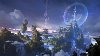 Futuristic city ferris wheel river - cloud and mountains free wallpaper