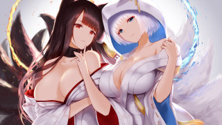 Anime girls fox eared kimono - two anime girl free wallpaper