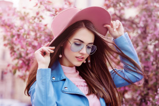 Pink hat sunglasses tree blossoms - fashion free wallpaper