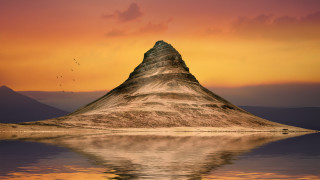 Mountain reflection sunset birds beach - a reflection free wallpaper