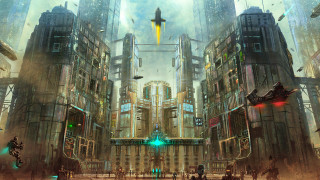 Futuristic city green light cross - the top of the building free wallpaper