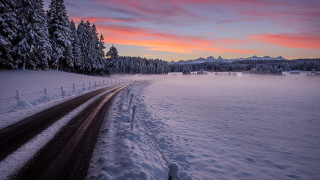 Snowy road mountains dusk reflection - tree and mountains free wallpaper