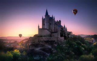 Hotairballoon castle sunset magicrealism mattefantasy - a hot air balloon free wallpaper