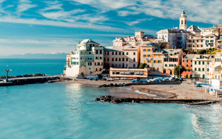 City shore pier buildings mountain - panoramic view free wallpaper