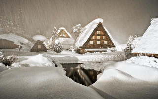 Snow landscape pond house mountain - roof free wallpaper
