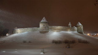 Castle snowy hill night lights - constructivism free wallpaper