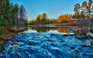 River forest building autumn outdoors - impressionist free wallpaper