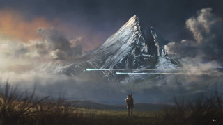 Man mountain sky clouds plane - matte painting concept art free wallpaper