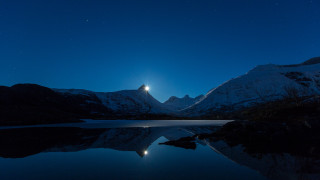 Full moon mountain lake night 7 - a lake in the foreground and a mountain range in the background free wallpaper