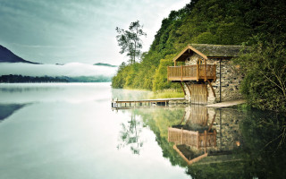 House lake mountain fog architecture - fog in the air free wallpaper