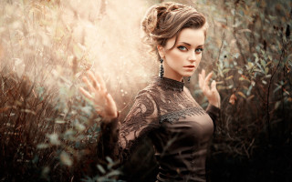 Woman black dress field flowers - her free wallpaper