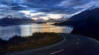 Valley mountains lake road sky - the background and a body of water free wallpaper