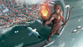 Fire torch man bird city - christophe vacher free wallpaper
