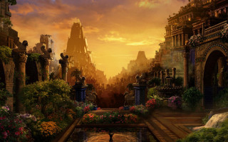 City fountain cat sunset painting - matte fantasy painting free wallpaper