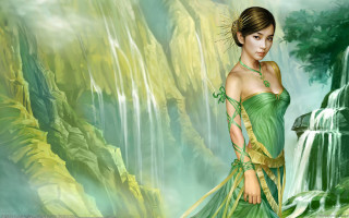 Woman green dress waterfall fantasy - a painting of a woman free wallpaper