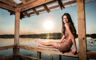 Woman dock lake sunset flare - sunset free wallpaper