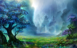 Fantasy forest waterfall mountains misty - a foggy sky above free wallpaper