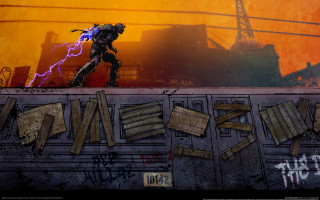 Robot ledge cityscape lightning graffiti - biopunk free wallpaper